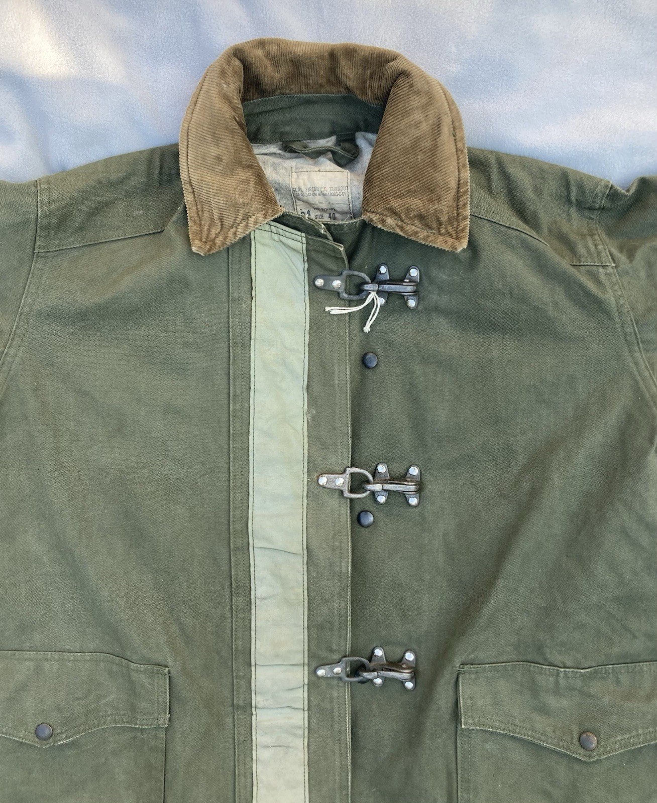 1961 US Military Fireman Olive Drab Canvas Work Coat Sz 40 Vietnam Era