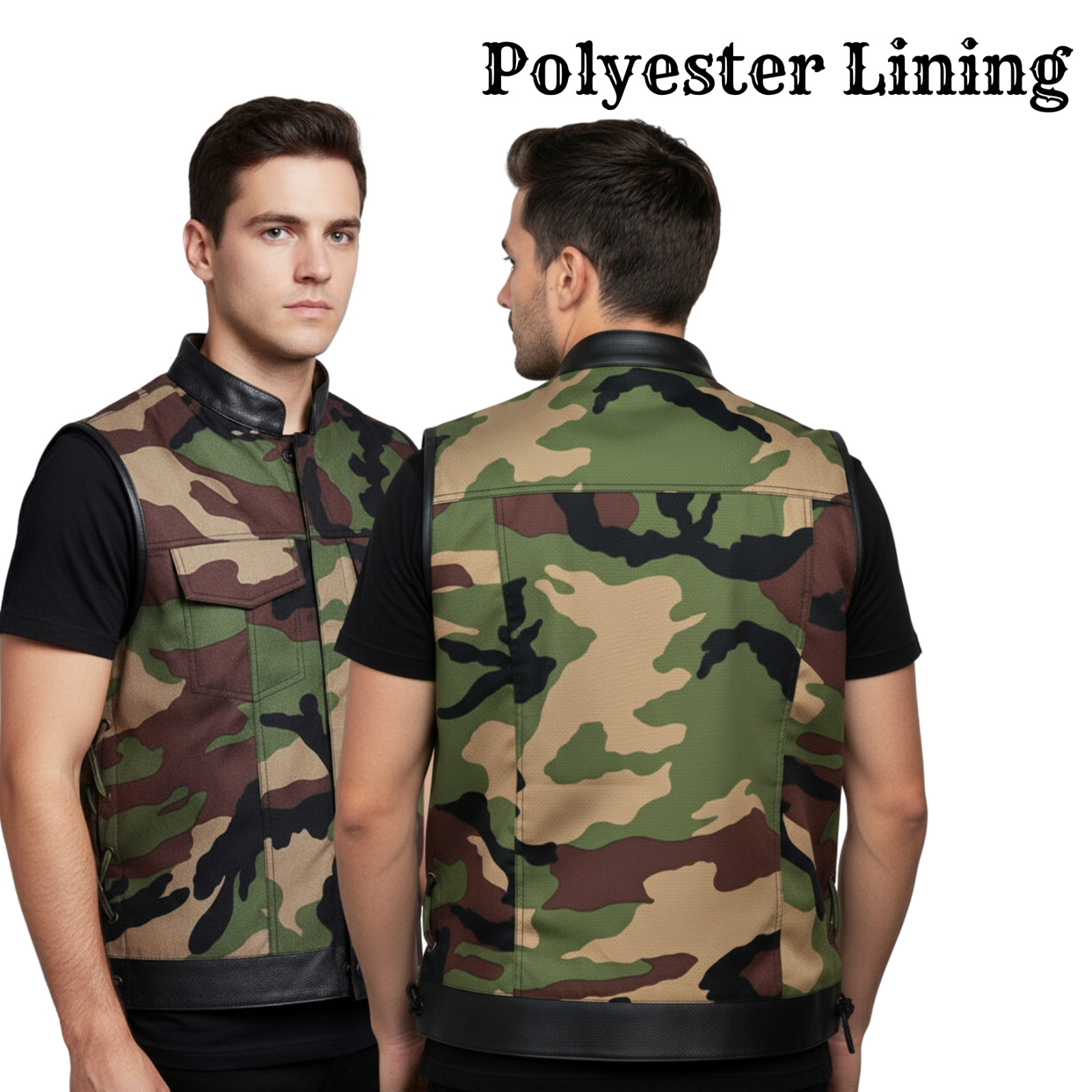 Military Print Camouflage Camo Cut Off Leather Lace Motorcycle Vest Waistcoat