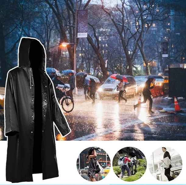 Men Black Waterproof Long Raincoat Rain Coat Hooded Trench Jacket Outdoor Hiking