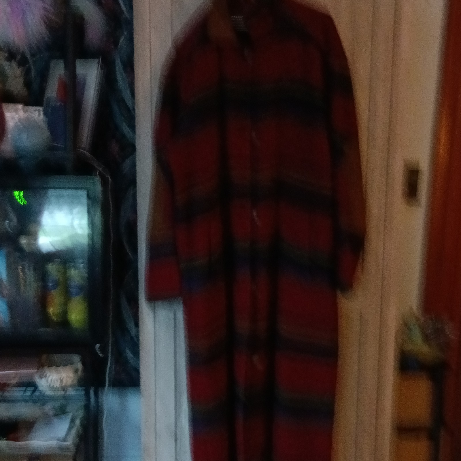 Unisex Adults Wool Long Plaid Overcoat Button Front Size L 36in Red/Blue