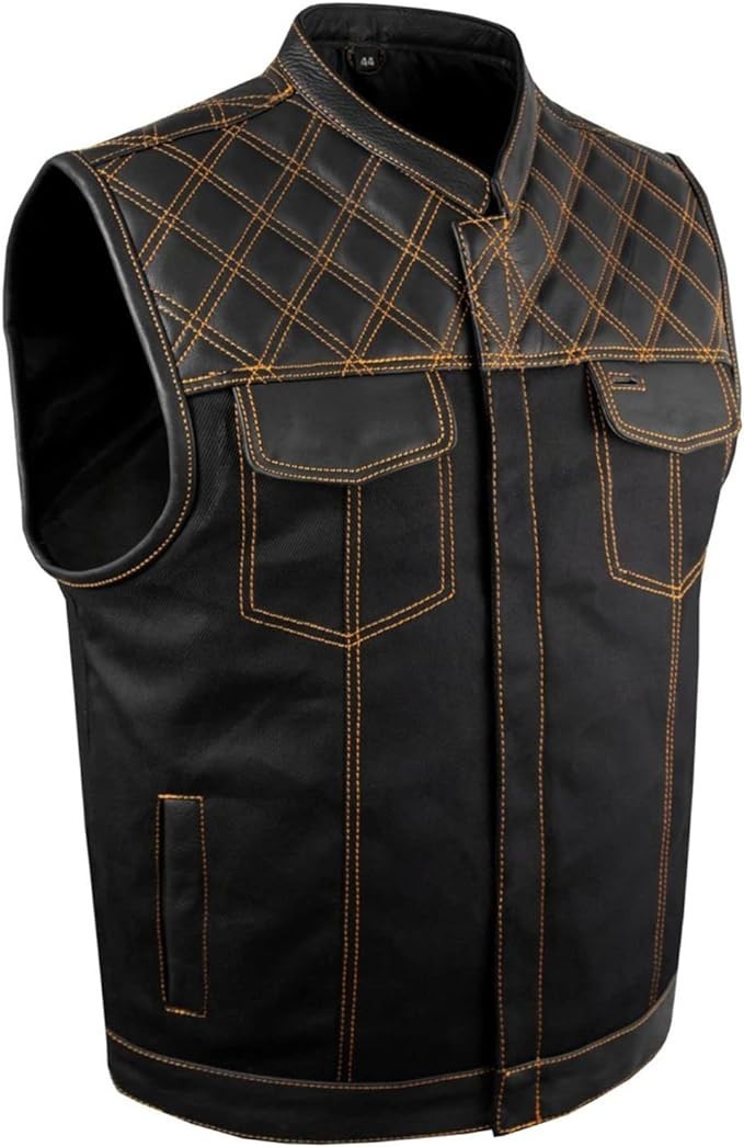 Men’s SOA Denim & Leather Vest Club Concealed Carry Gun Pockets Multicolor