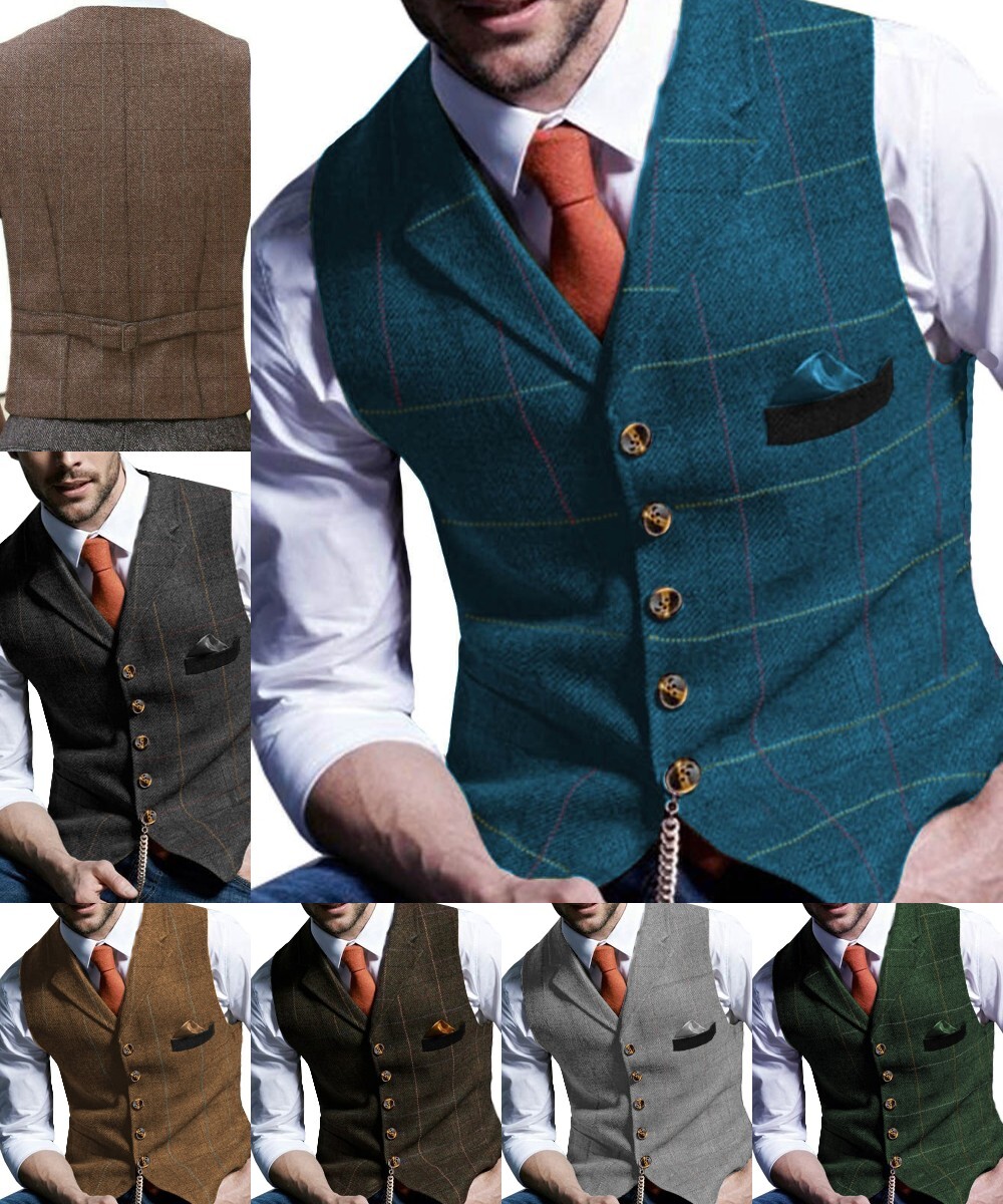 Mens Suit Plaid Waistcoat Tweed Vest Herringbone Windowpane Wedding Vintage Wool