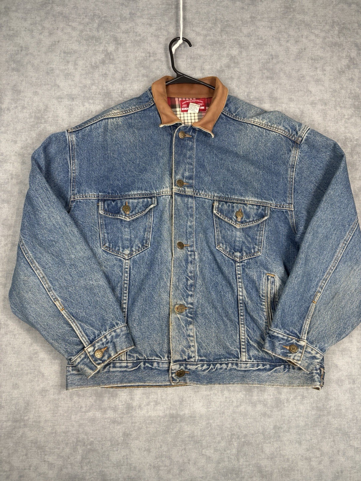 Marlboro Country Store Denim Jacket Leather Collar Flannel Lined Men’s Large 90s