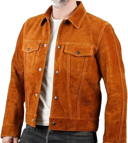 Mens Tan Brown Suede Leather Trucker Jacket Western Cowboy Button Slim Fit Coat