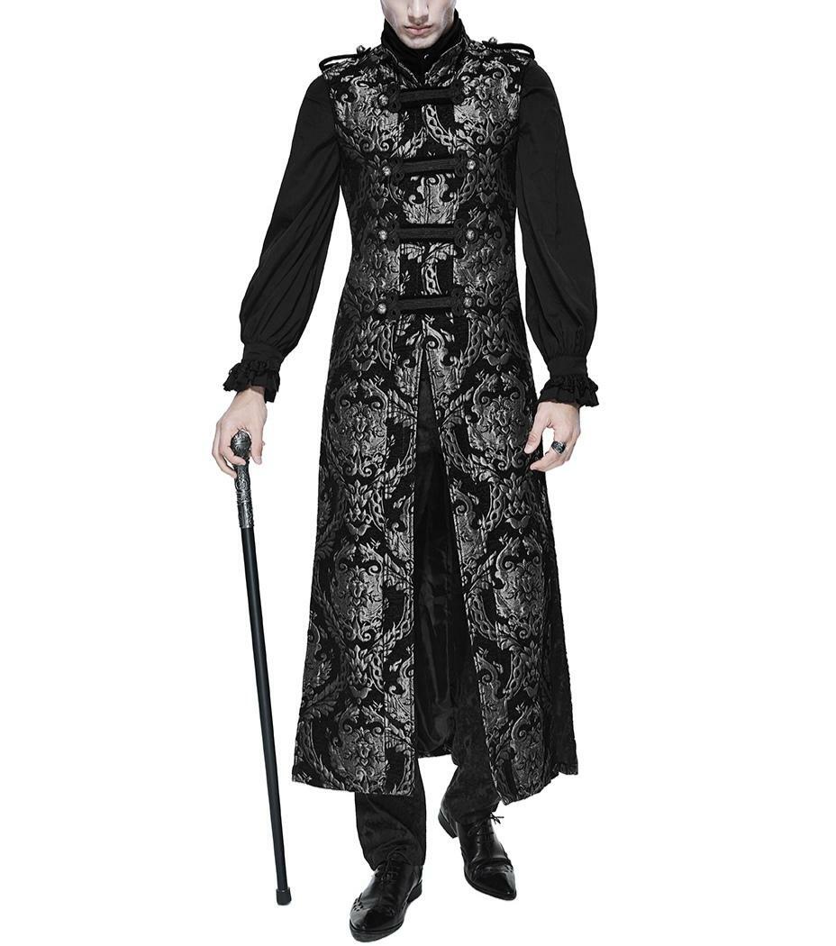 Men’s Fashion Long Gothic Waistcoat Coat Jacket Black Silver Damask Steampunk