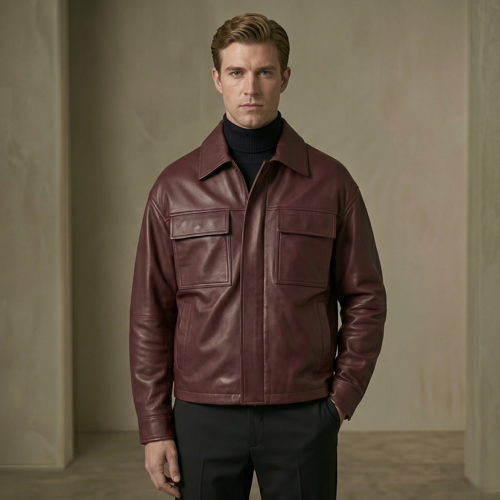 Men’s Burgundy Leather Jacket, Genuine Leather Utility Jacket, 4 Pocket Leather