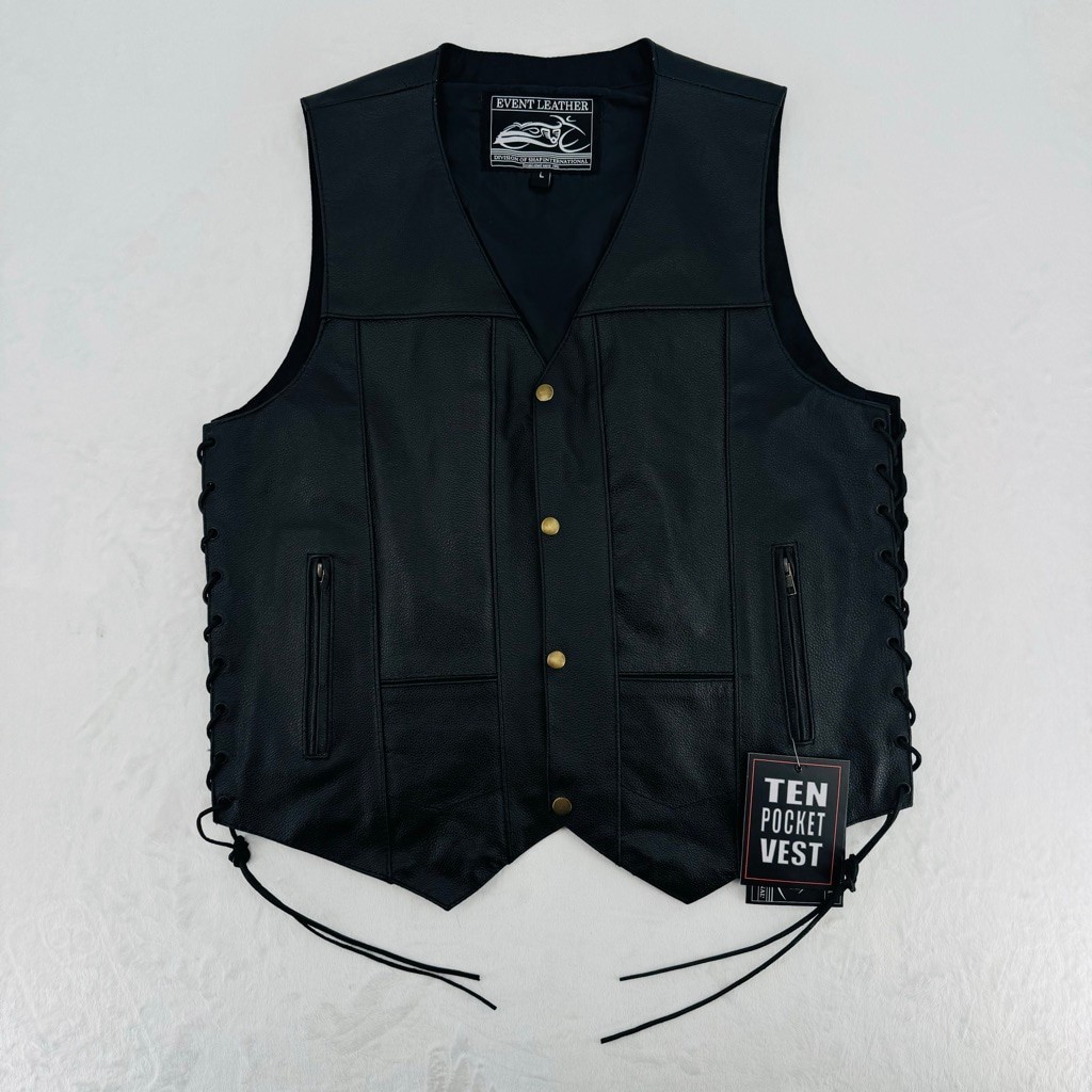 Black Leather Vest Event Leather 10 Pocket Vest Biker Rocker Motorcycle Large