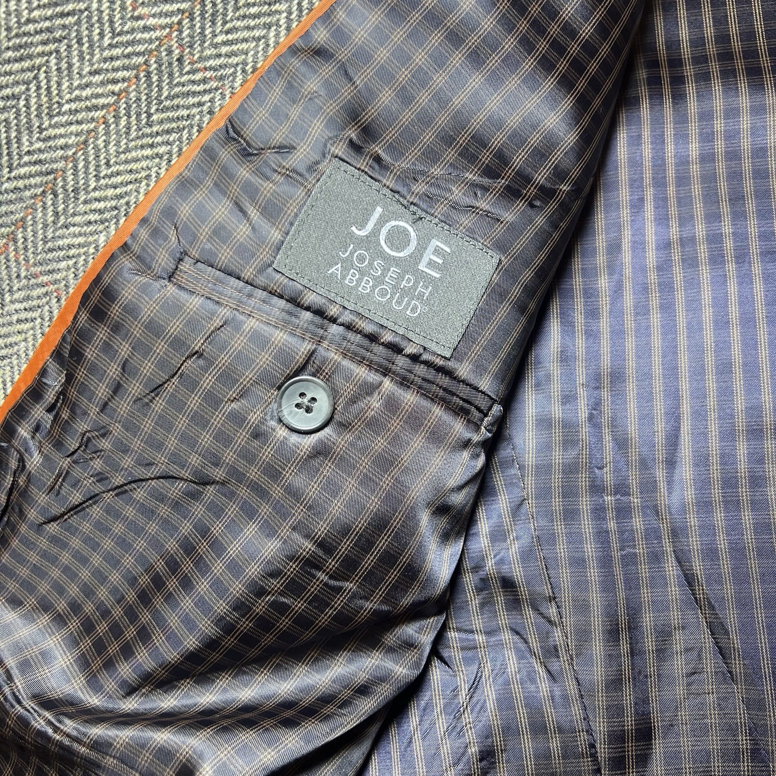 Joe Joseph Abboud Mens 44L Brown Herringbone Wool Sport Coat Blazer Elbow Patch