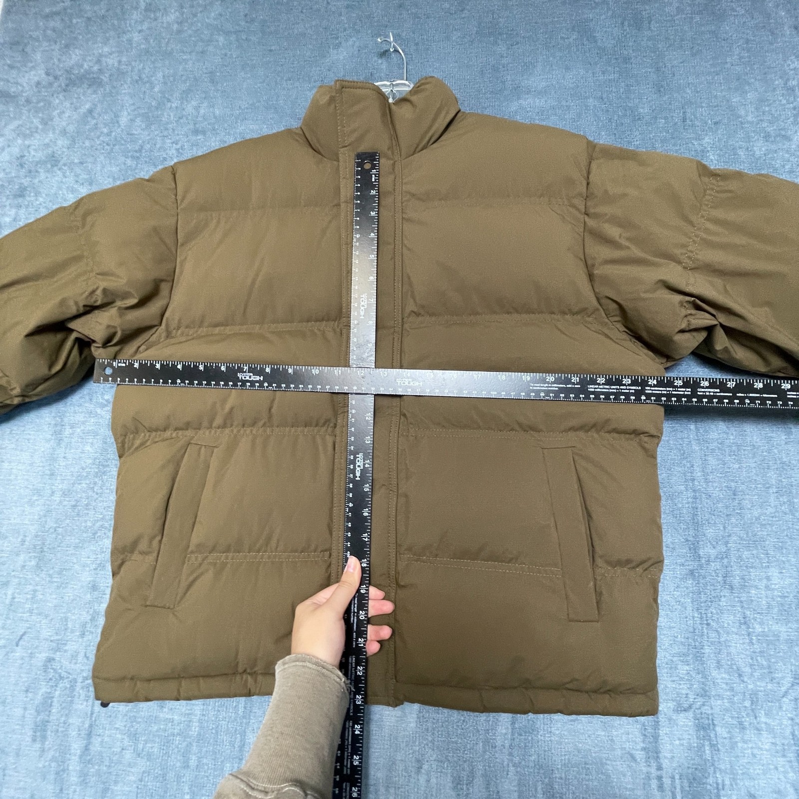 Yanthirteen Puffer Jacket Mens Tan Quilted Mock Neck Snap Front Hiking Outdoor
