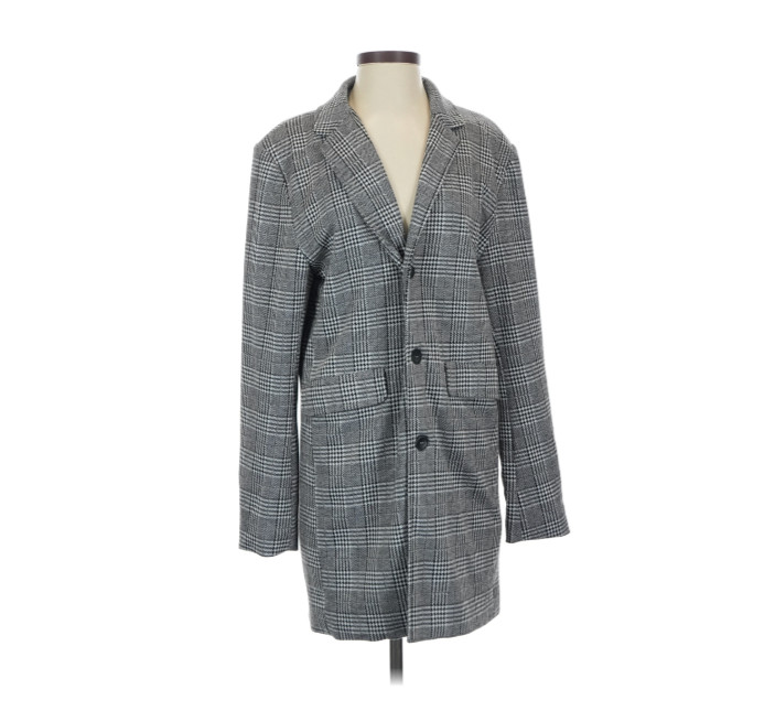 Process Black Single Breasted Wool Look Overcoat Men Small Gray Check Lined