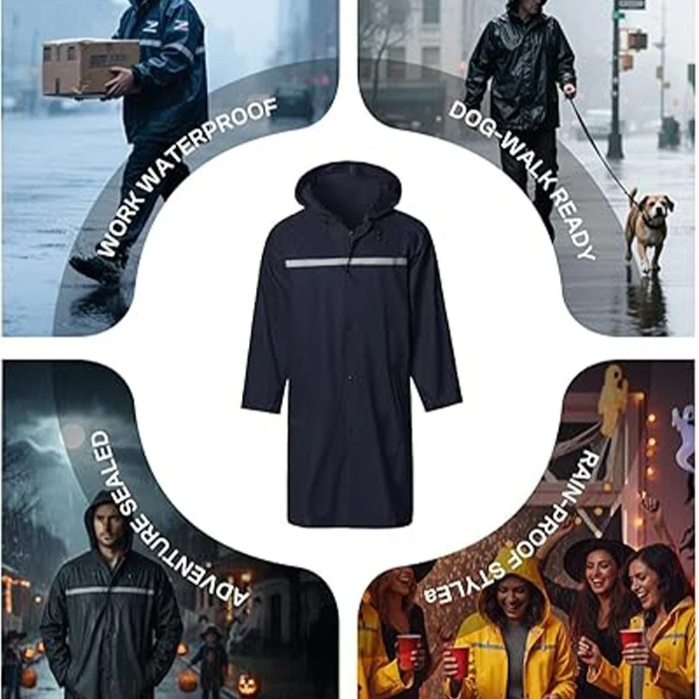 Men Black Waterproof Long Raincoat Hooded Trench Jacket Outdoor Hiking Rain Coat