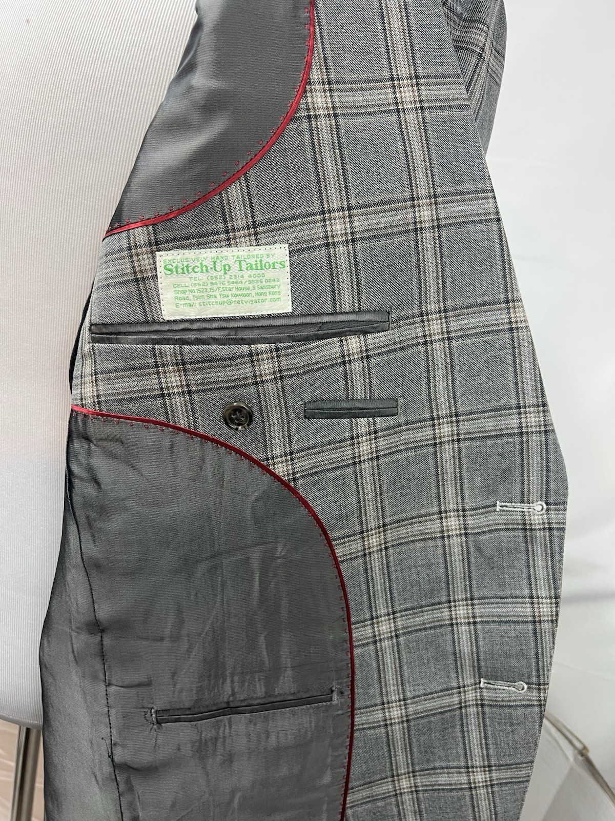 Custom Tailored Men’s 46 Gray Tan Windowpane Plaid 2-Button Blazer Jacket Coat