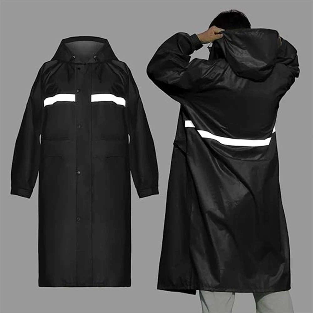 Men Black Waterproof Long Raincoat Hooded Trench Jacket Outdoor Hiking Rain Coat