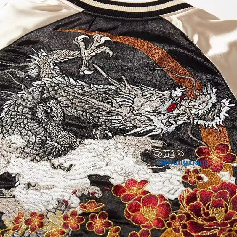 New Mens Bomber Japanese Pattern Embroidery Dragon Tattoo Sukajan Fashion Jacket