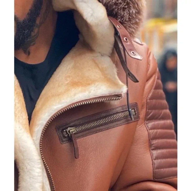 Men’s Brown B3 Aviator Bomber Real Sheepskin Leather Fur Shearling Biker Jacket