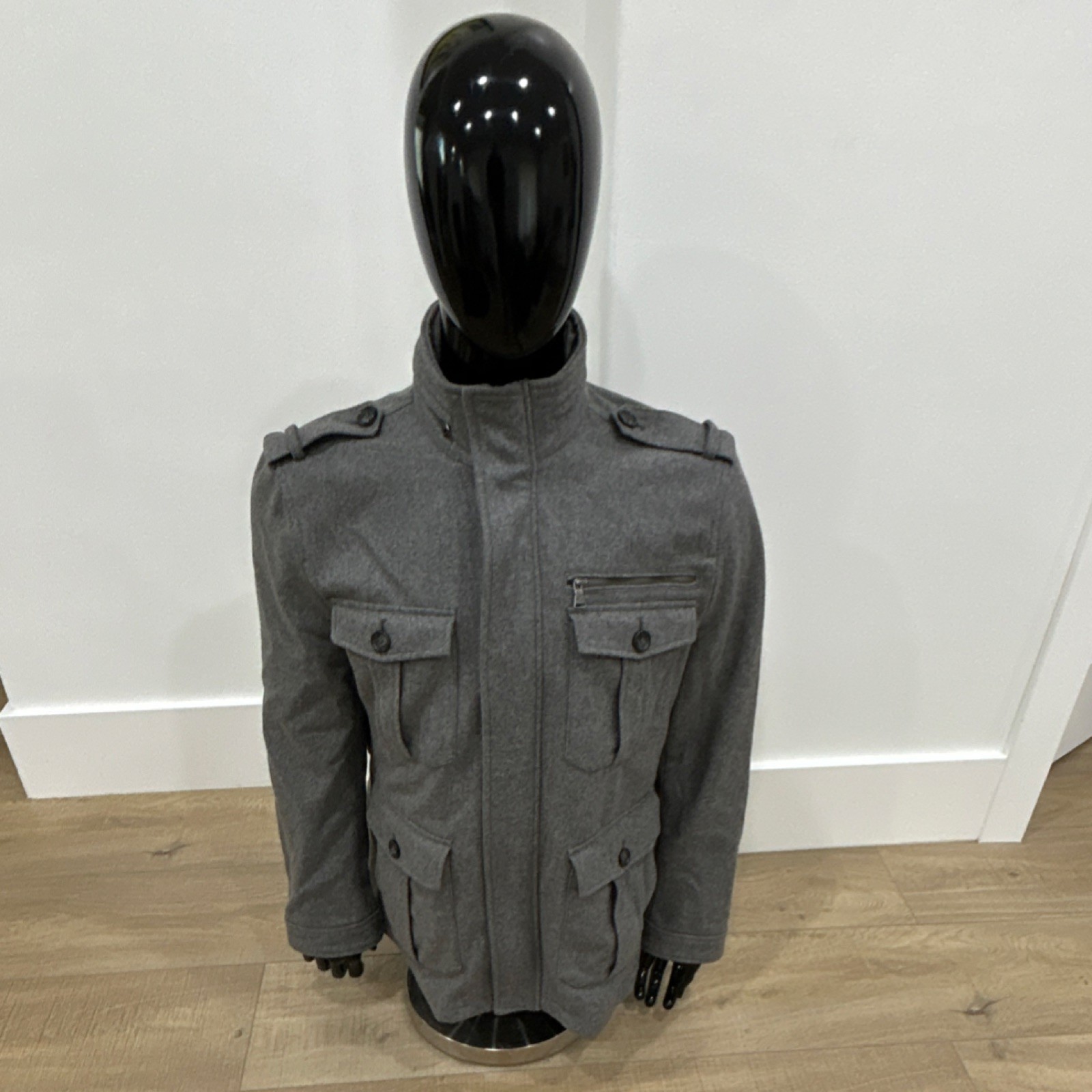 Express Men’s Hooded Military Jacket Gray XL Epaulet Button Zipper Pockets