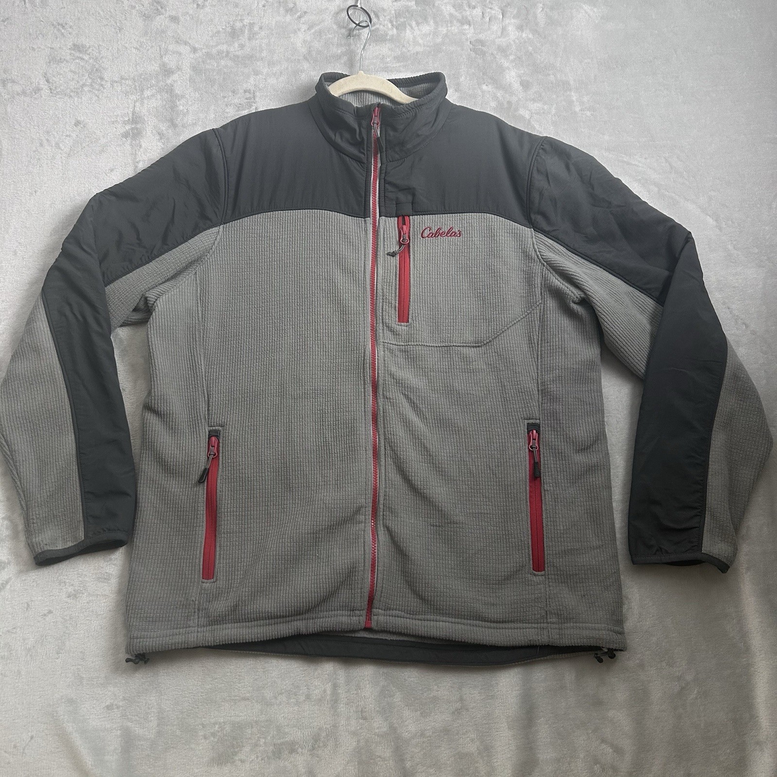 Cabelas Fleece Jacket Men XL Timberwolf Gray Red Holyoke Full Zip Waffle Outdoor