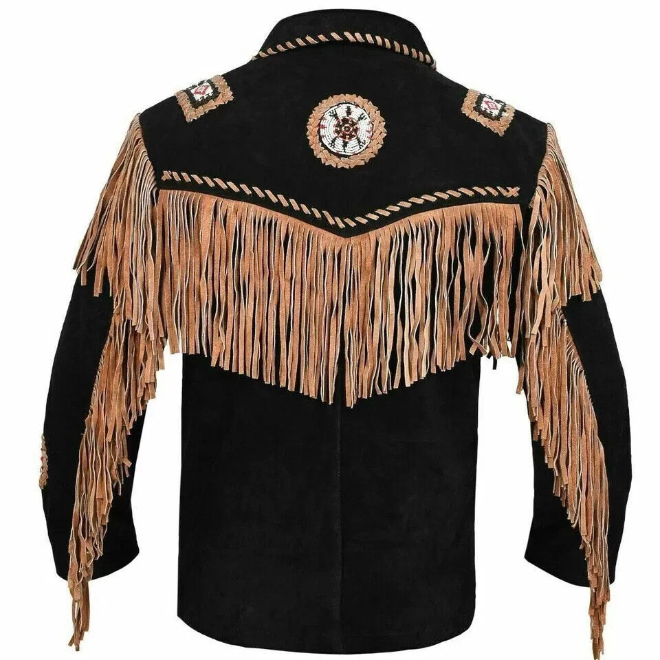 Men’s Vintage Western Fringe Jacket Genuine Suede Leather Cowboy Coat