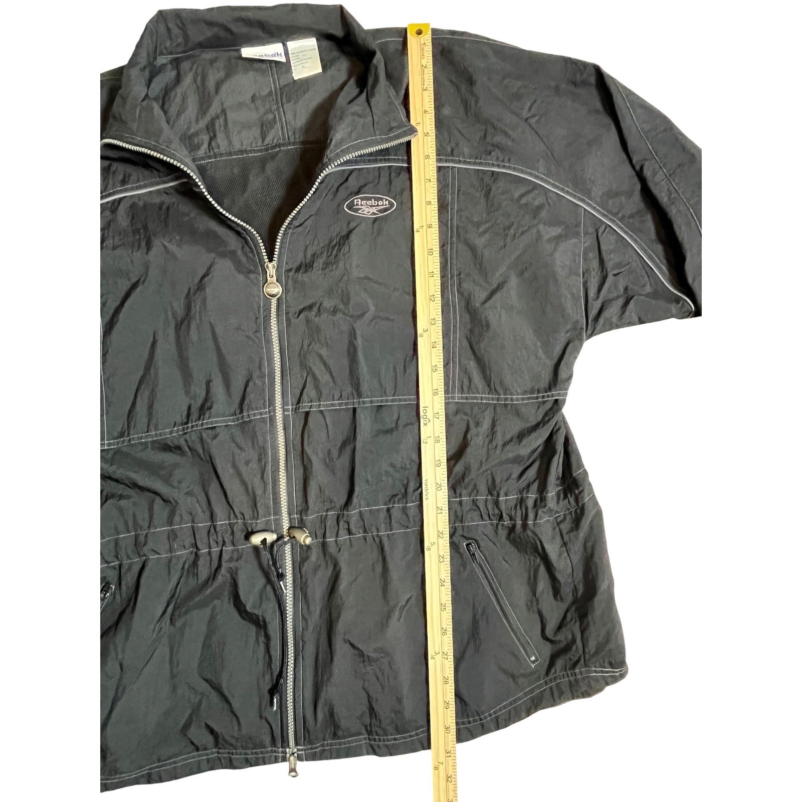 Vintage Reebok Black Nylon Windbreaker Jacket XL Full Zip Drawstring Waist Men