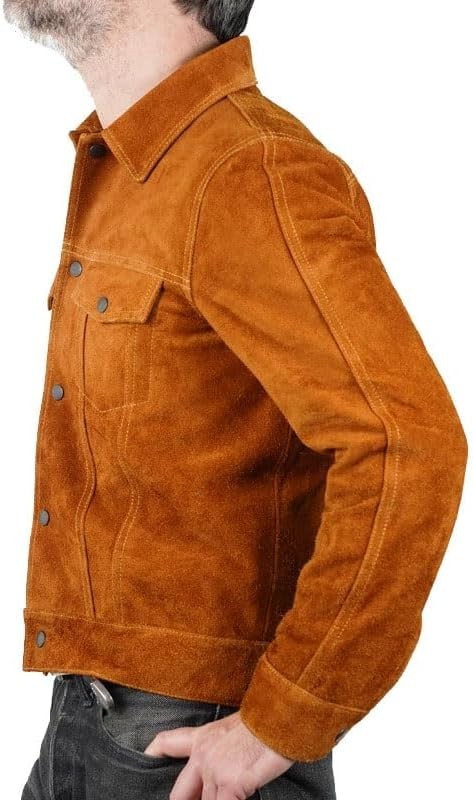 Mens Tan Brown Suede Leather Trucker Jacket Western Cowboy Button Slim Fit Coat