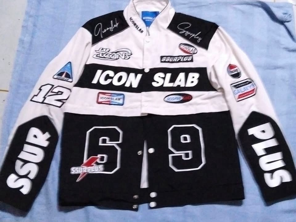Iconslab Men’s Racing Jacket Black/White L Snap Full Zip Embroidered Logo