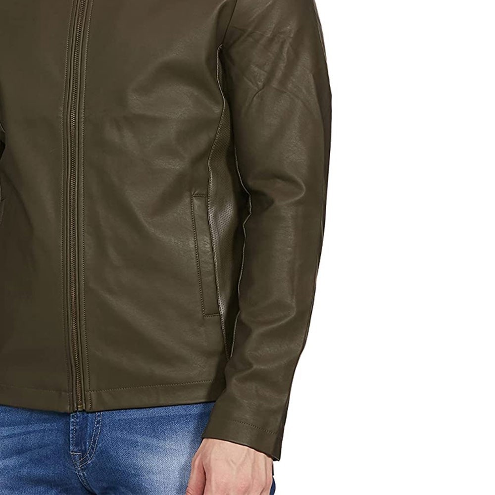 Men’s Olive Green Leather Jacket Slim Fit Stand Collar Motorcycle Casual Jacket