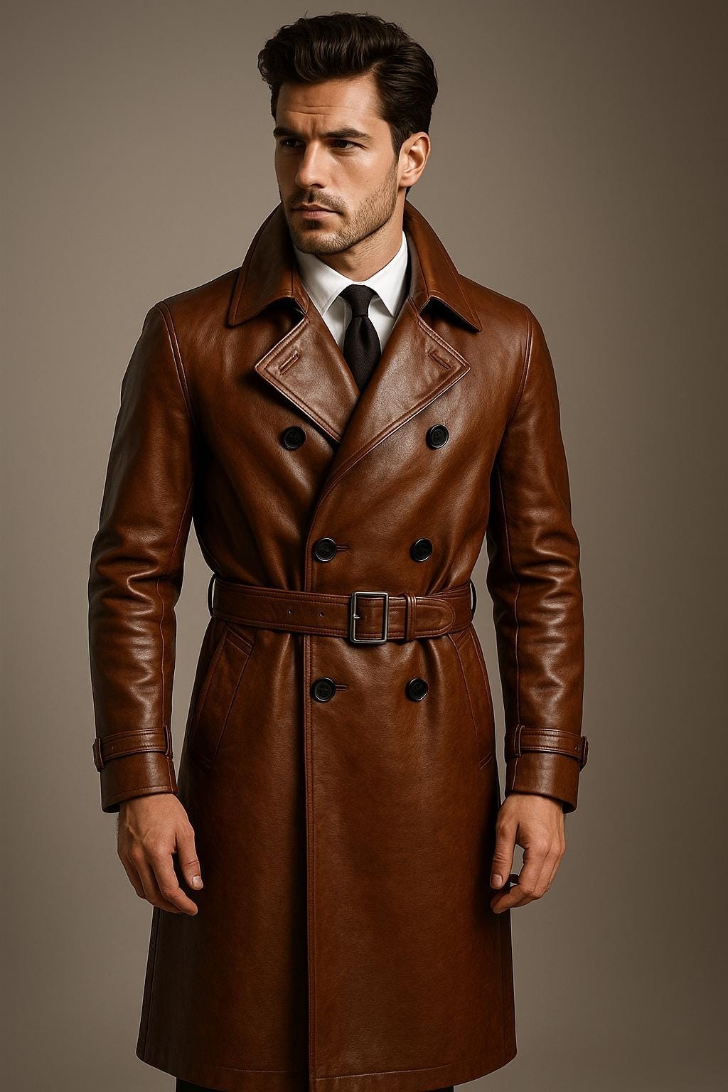 Handmade Brown Leather Trench Coat: Double-Breasted, Classic Vintage Style
