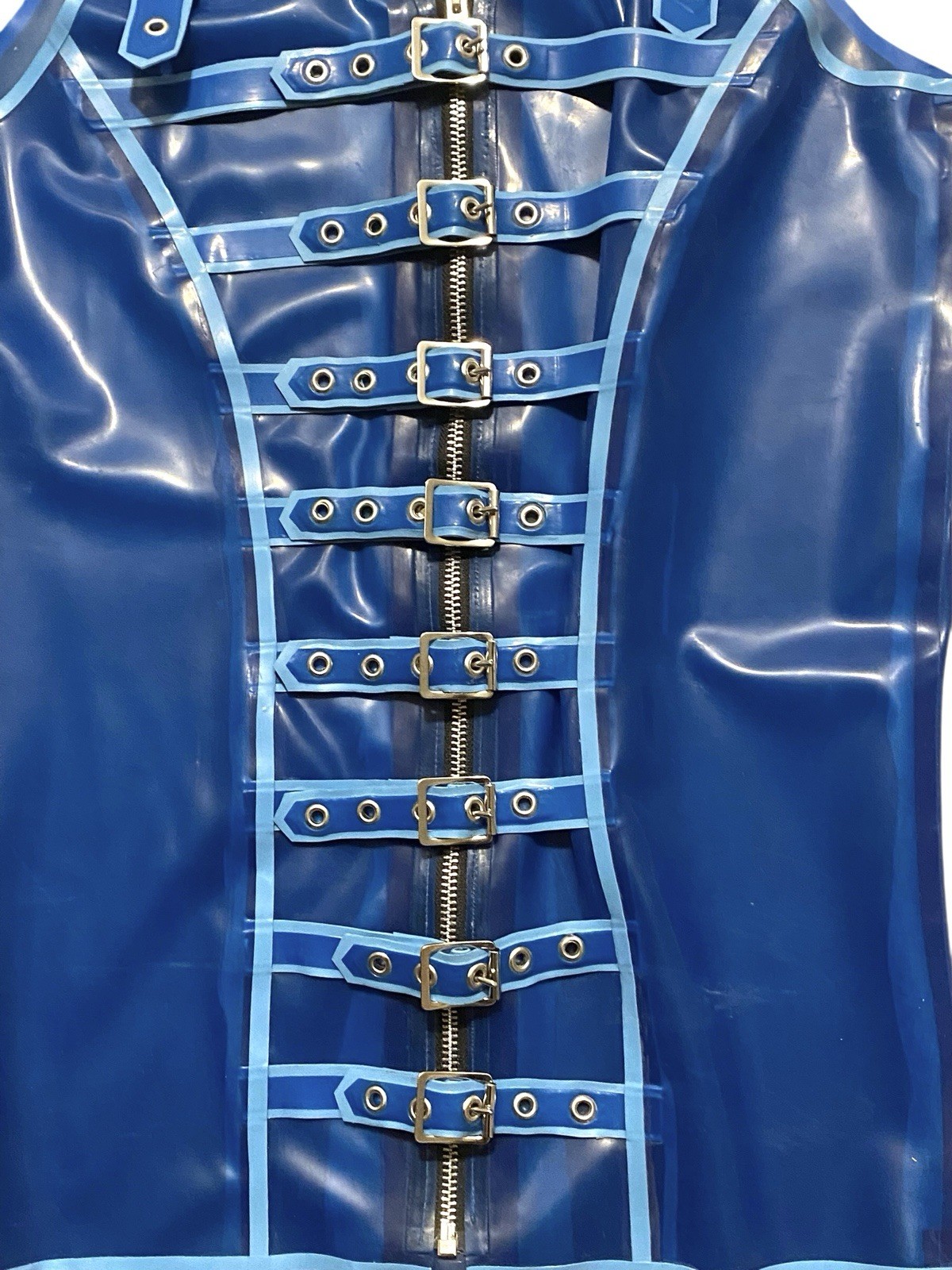 Westward Bound Blue Latex Rubber Buckle Vest Top Men’s Baby Blue Fetish Wear