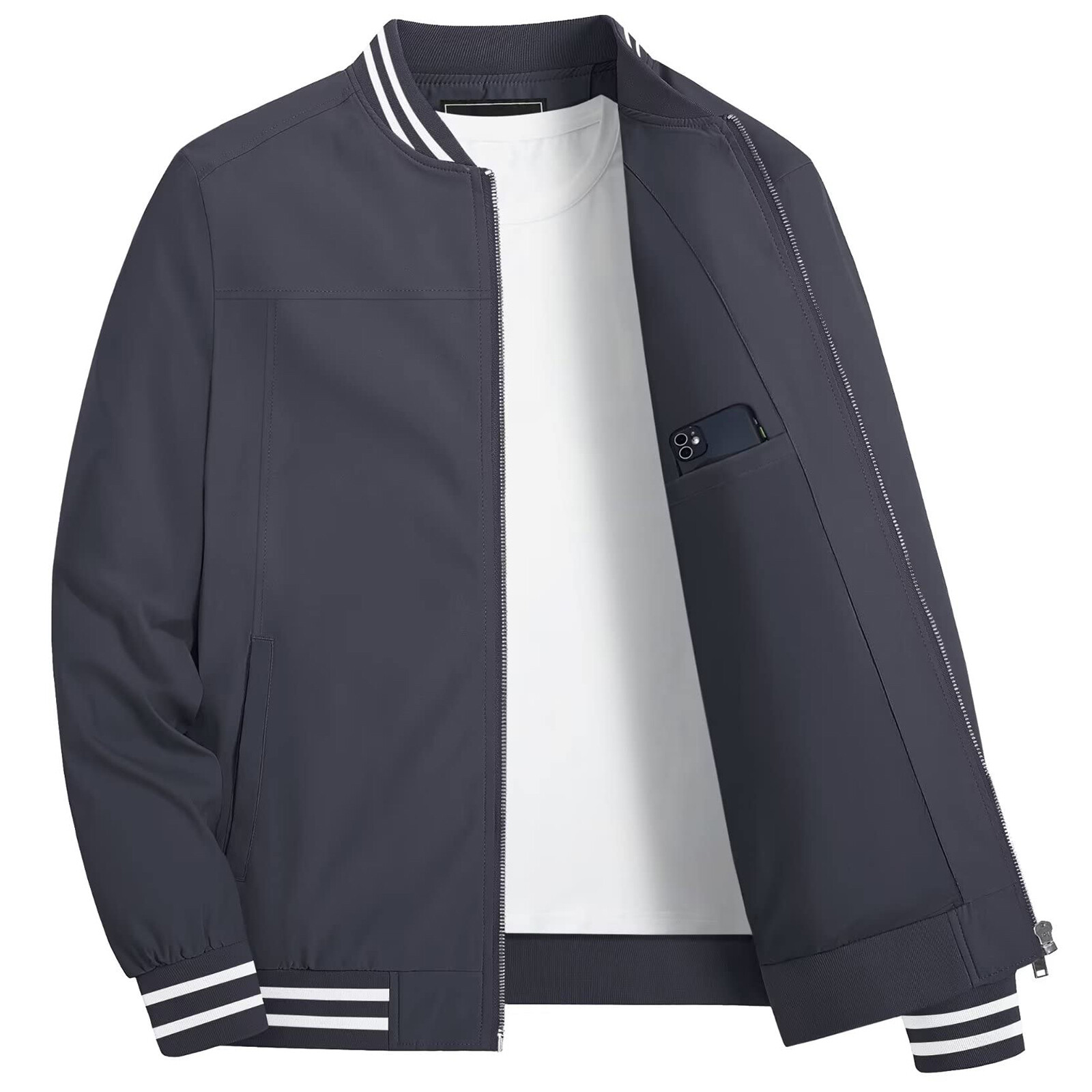 Men’s Thin Bomber Jacket Spring Fall Sportswear Casual Full-Zip Baseball Coat US