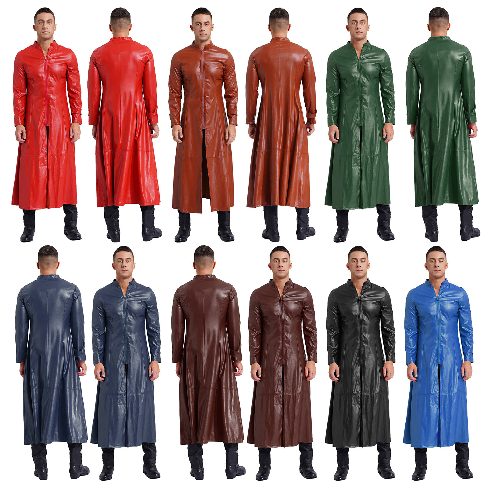 Mens Windproof Jackets Driving Faux Leather Trench Coat Street Look Long Coat
