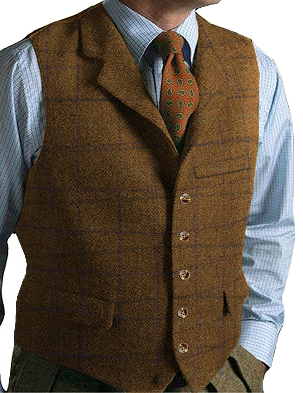 Men Plaid Vest Herringbone Tweed Waistcoat Windowpane Wedding Vintage Wool Retro
