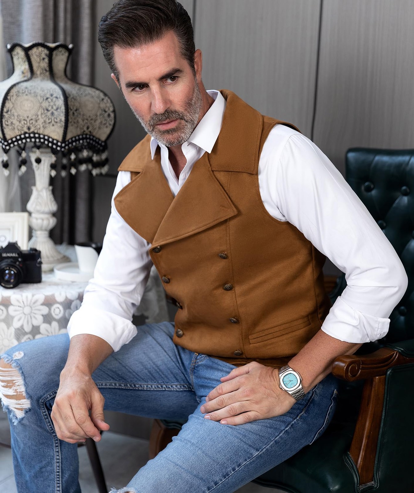 Mens Suit Suede Double Breasted Vest Classic Groomsmen Wedding Waistcoat Big