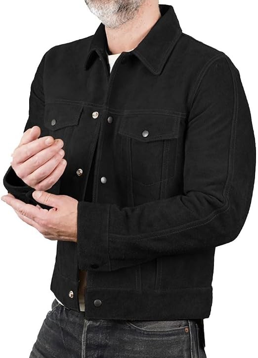 Mens Black Suede Trucker Jacket Genuine Leather Western Slim Fit Casual Coat New