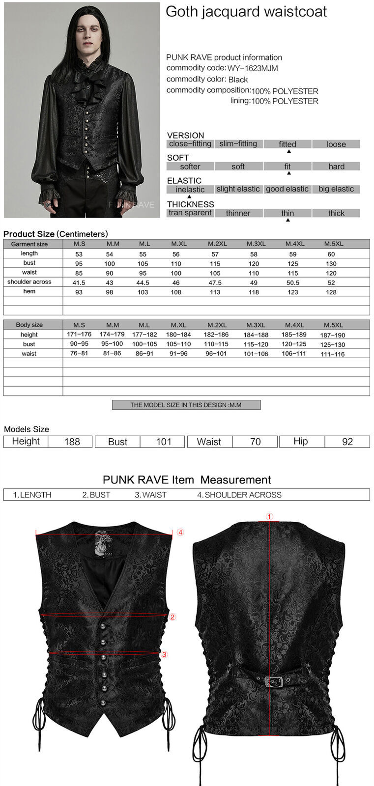 PUNK RAVE Men Black Steampunk Gothic Vampire Visual Jacquard Vests Waistcoat