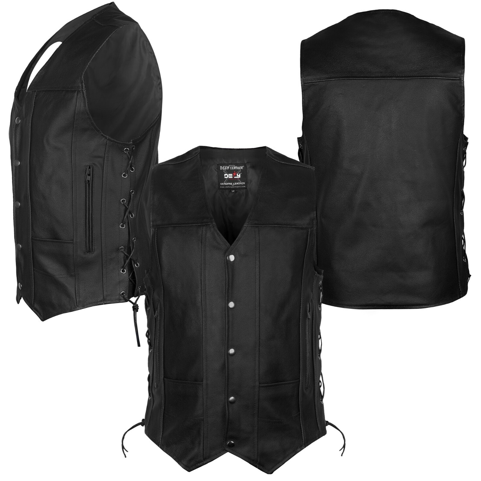 DEFY Men’s Black Genuine Leather 10 Pockets Motorcycle Biker Vest XS To 12XL