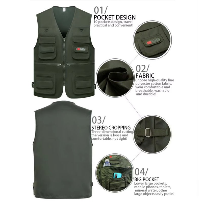 Multi Pocket Cargo Vest Mens Utility Fishing Hiking Outdoor Gilet Waistcoat Tops