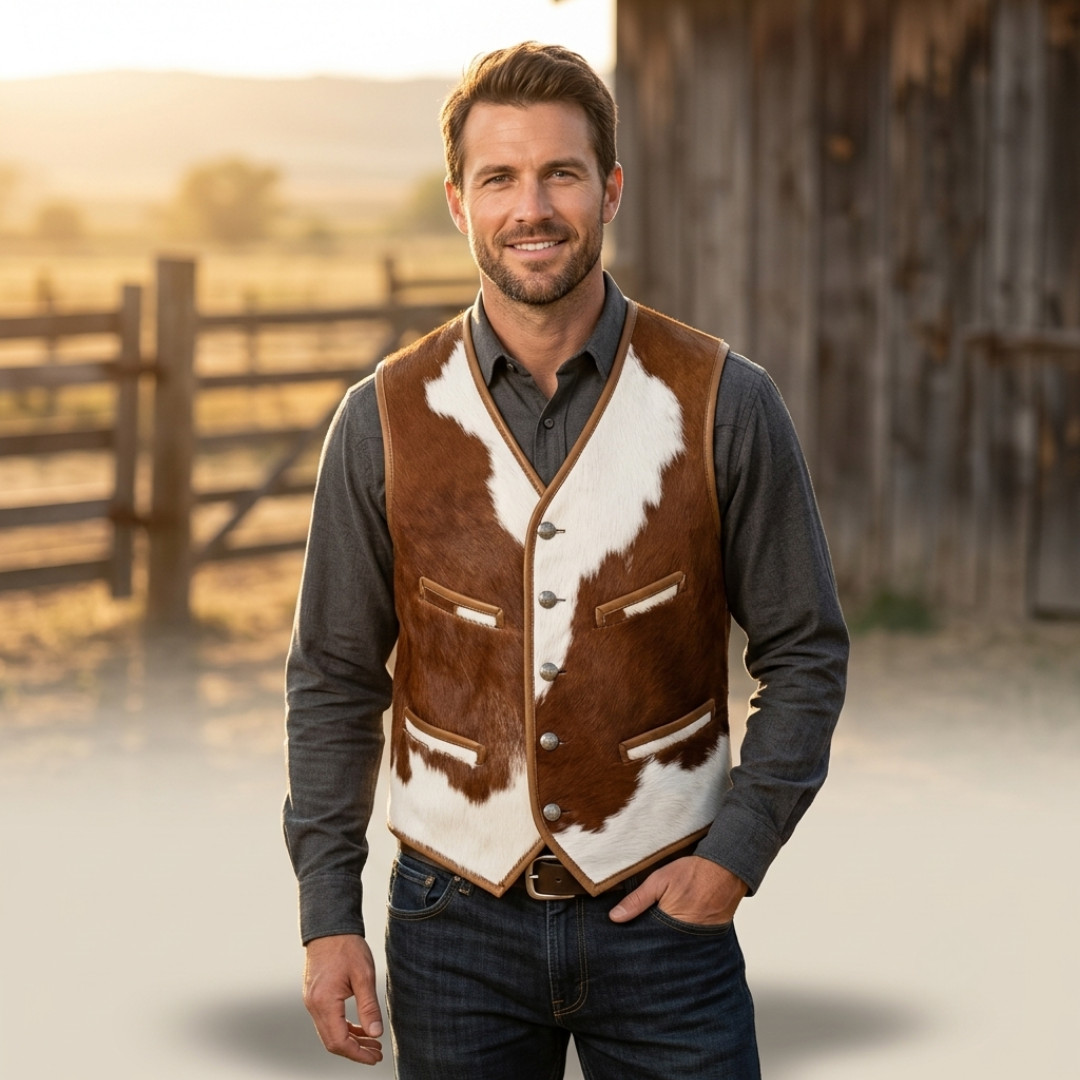 Handmade Genuine Hair-On Cowhide Leather Western Cowboy Ranch Vest Brown White..