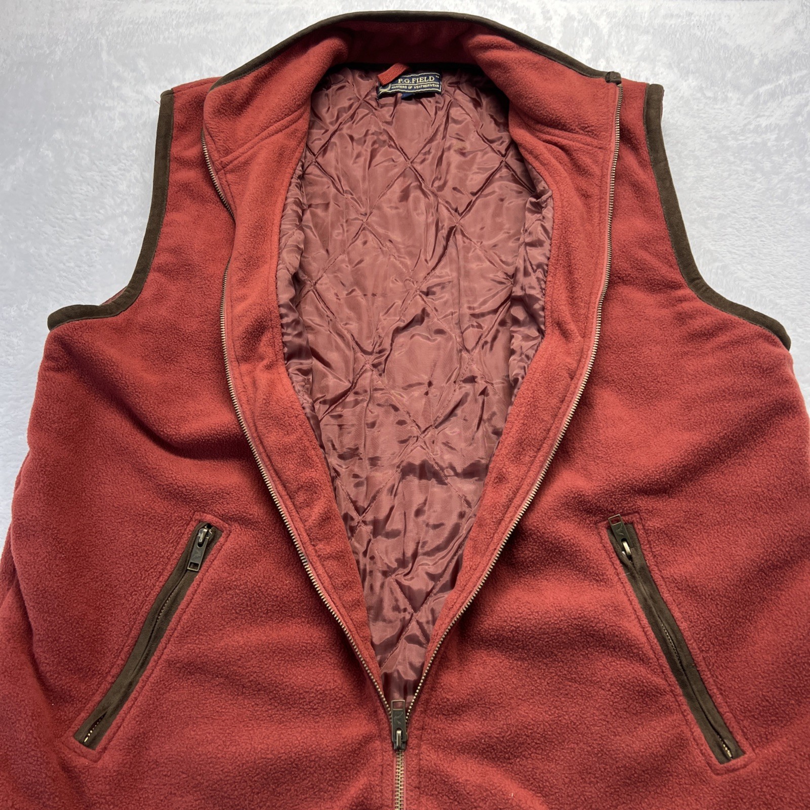 P.G. Field Vest Men XL Rust w/ Brown Trim Front Zip Lined Drawstring Bottom
