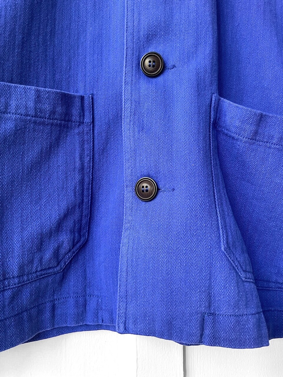 Herringbone French Chore Jacket 60s Style Bugatti Blue Washed Cotton Twill