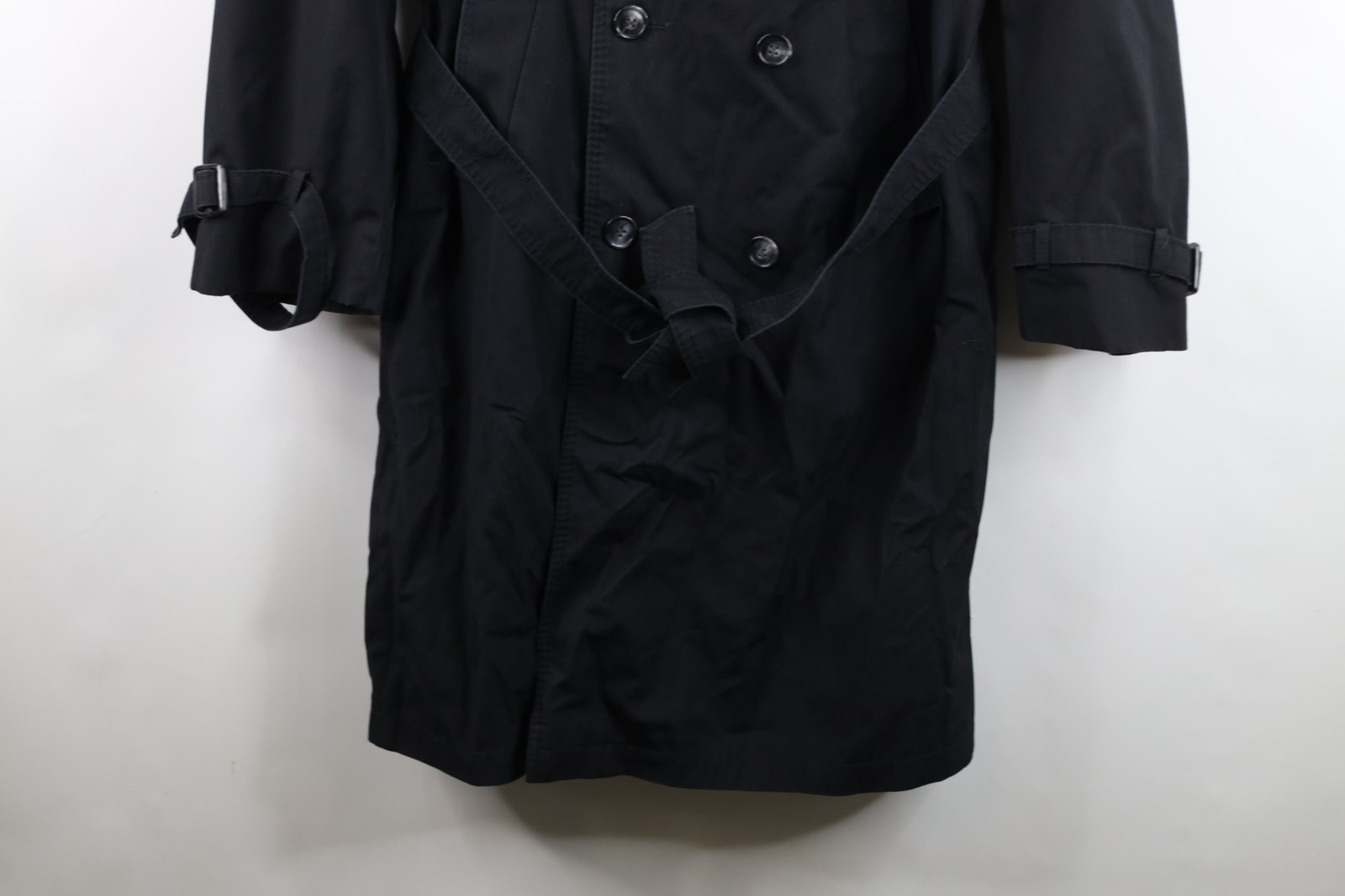 Vintage 70s Streetwear Mens 44R Distressed Belted Trench Coat Jacket Black