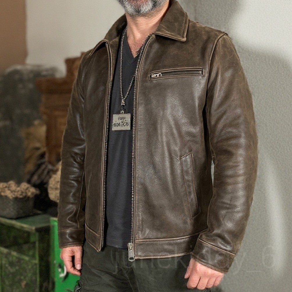 Mens Distressed Cowhide Leather Biker Jacket Vintage Style Semi-matte Finish