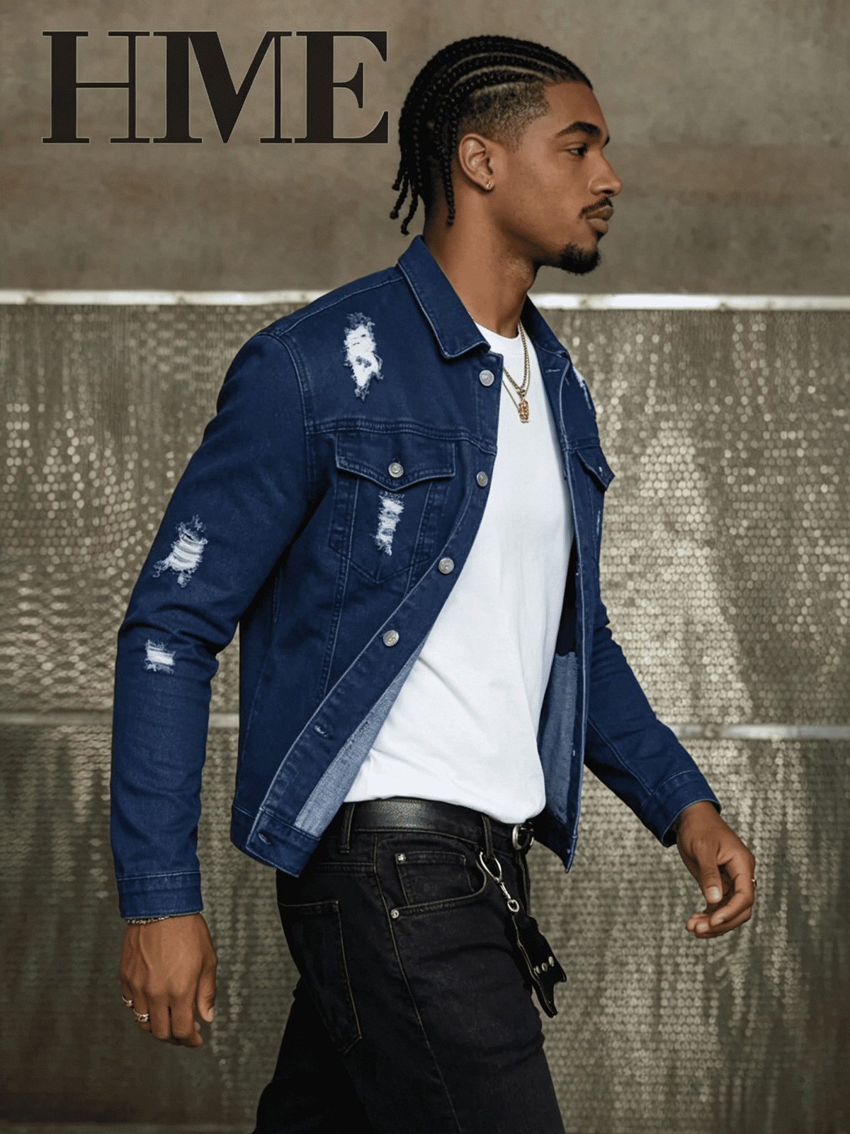 Men’s Dark Blue Distressed Ripped Denim Jacket,Casual Long‑Sleeve Button‑Up Coat