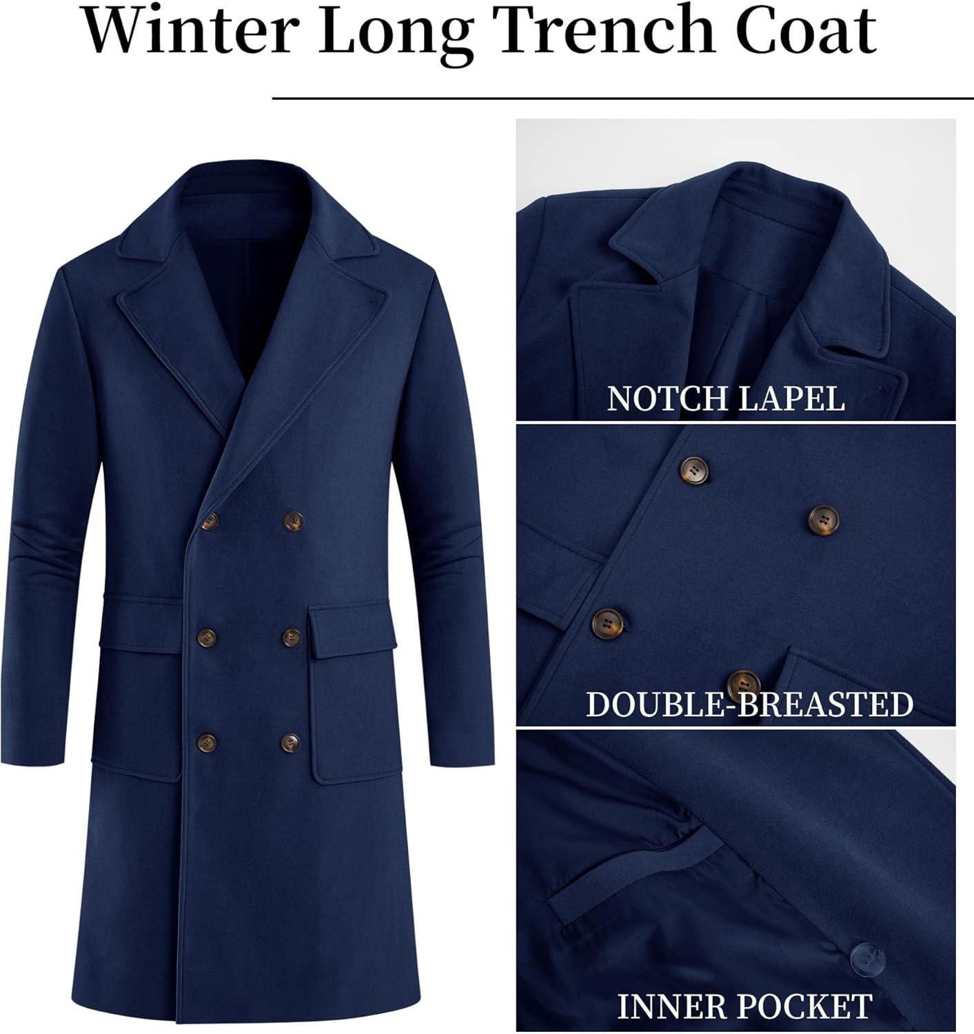 Mens Double Breasted Trench Coat Slim Fit Lapel Collar Long Winter Overcoat