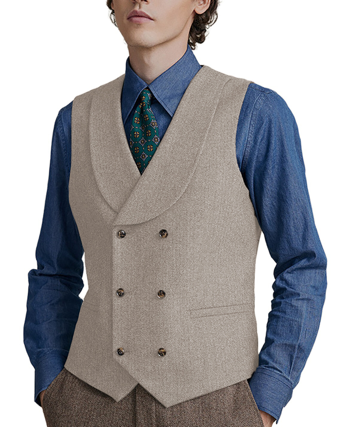 Shawl lapel Vests Mens Double-breasted Waistcoats Tweed Herringbone Wedding Wool