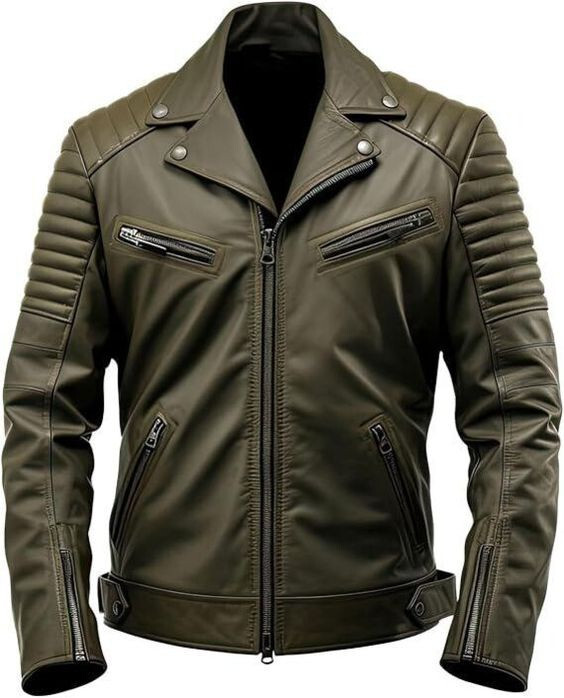Mens Army Green Black Genuine Sheepskin Leather jacket Lapel Collar Casual Ziper