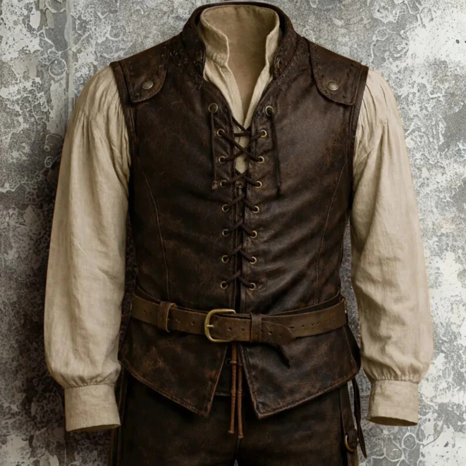 Mens Genuine Leather Medieval Vest Lace Up Pirate Renaissance Costume Waistcoat