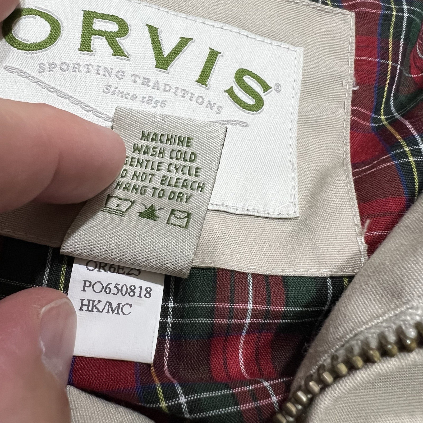 Orvis Men’s Cotton Blend Full Zip Plaid Lining Bomber Jacket Khaki/Tan Large