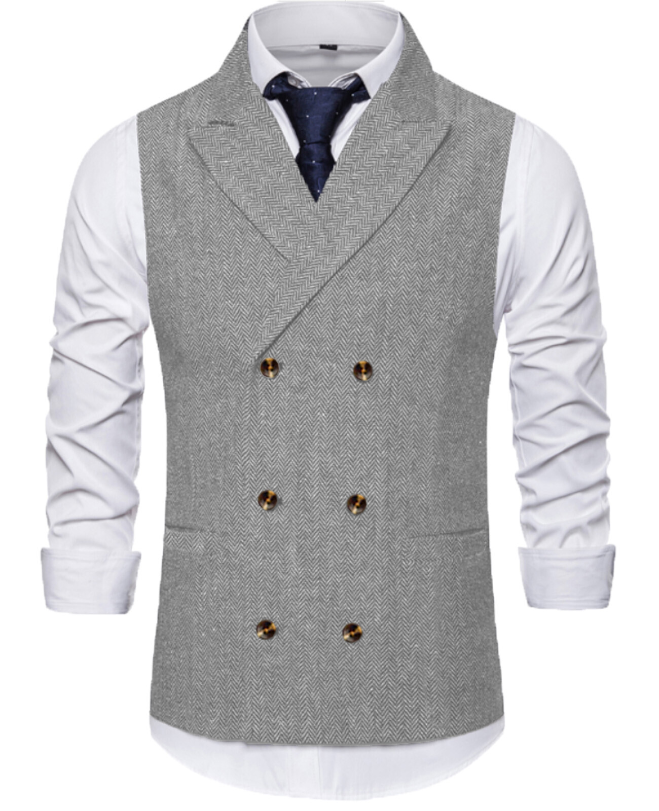 Formal Men Double-Breasted Herringbone Waistcoat Tweed Vest Wedding Vintage Wool