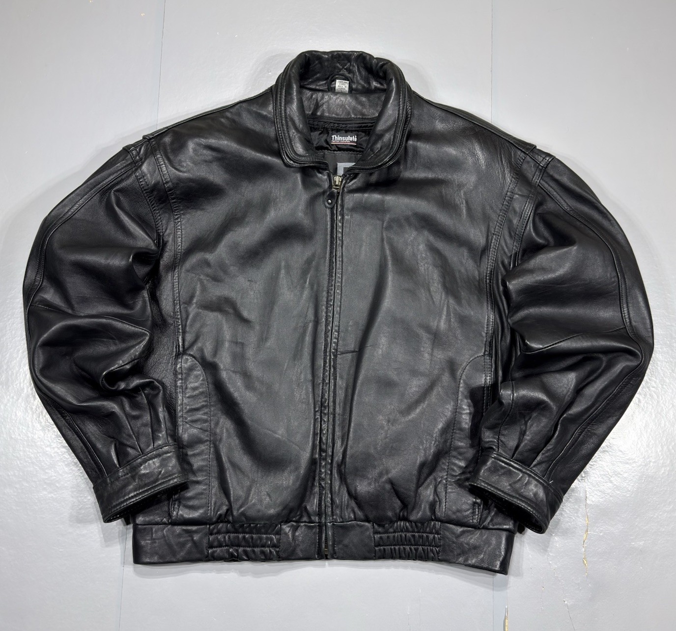 VTG LP Uomo Black Leather Flight Bomber Jacket Mens Large 3M Thinsulate Liner