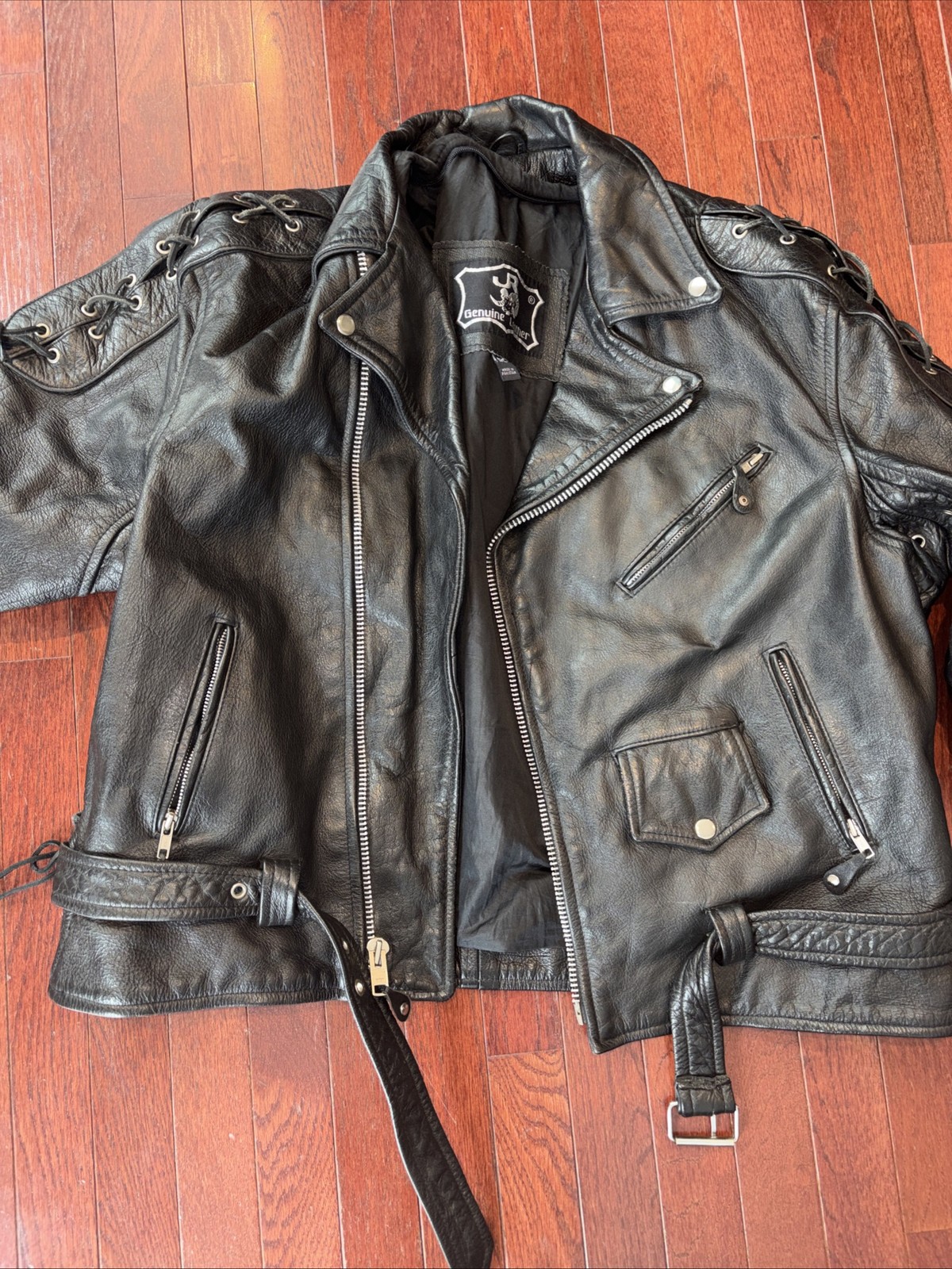 JR Jacket Mens Biker Genuine Leather Motorcycle Lace Up Zipper Details Belted 50